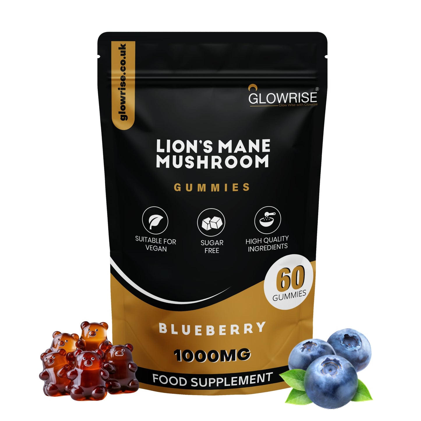 Lion's Mane Gummies 1000mg – Blueberry Flavor, Sugar-Free, Vegan & Halal