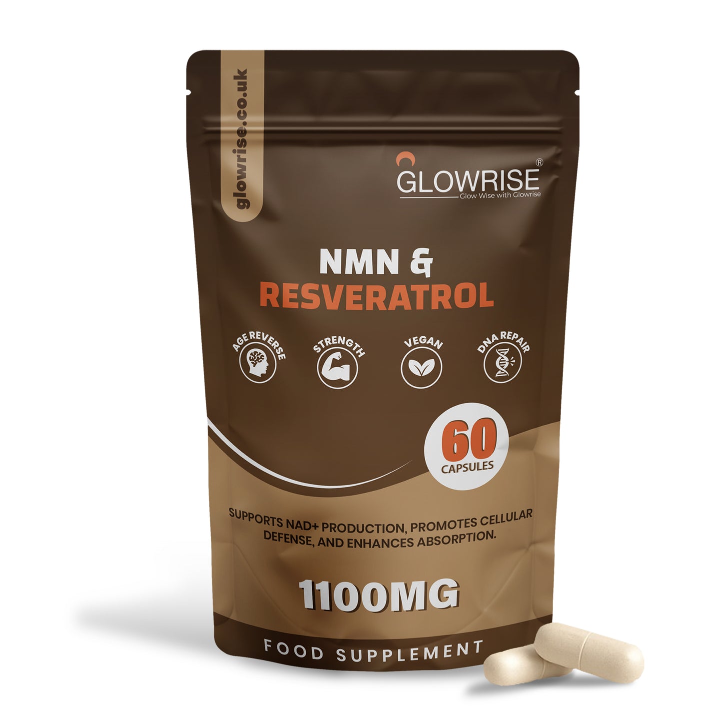 Glowrise NMN &Trans-Resveratrol Supplement 1100mg with Black Pepper Extract - Cellular Energy Booster - (60 Count (Pack of 1))